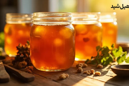 مربای به خانگی خوش‌رنگ و شفاف در شیشه‌های شیشه‌ای با برگ‌های به