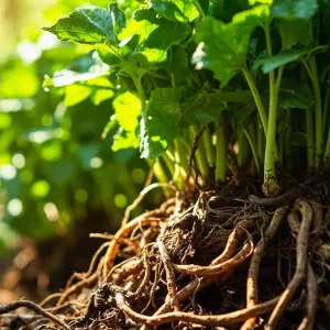 ریشه شیرین بیان قهوه‌ای رنگ با برگ‌های سبز