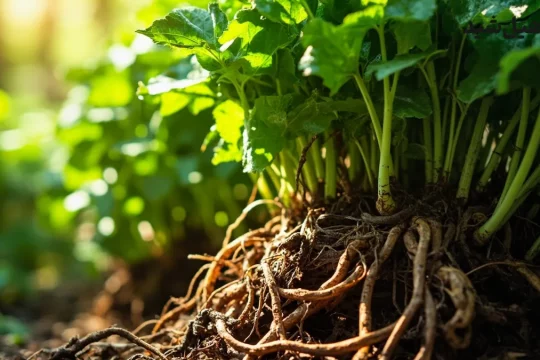 ریشه شیرین بیان قهوه‌ای رنگ با برگ‌های سبز