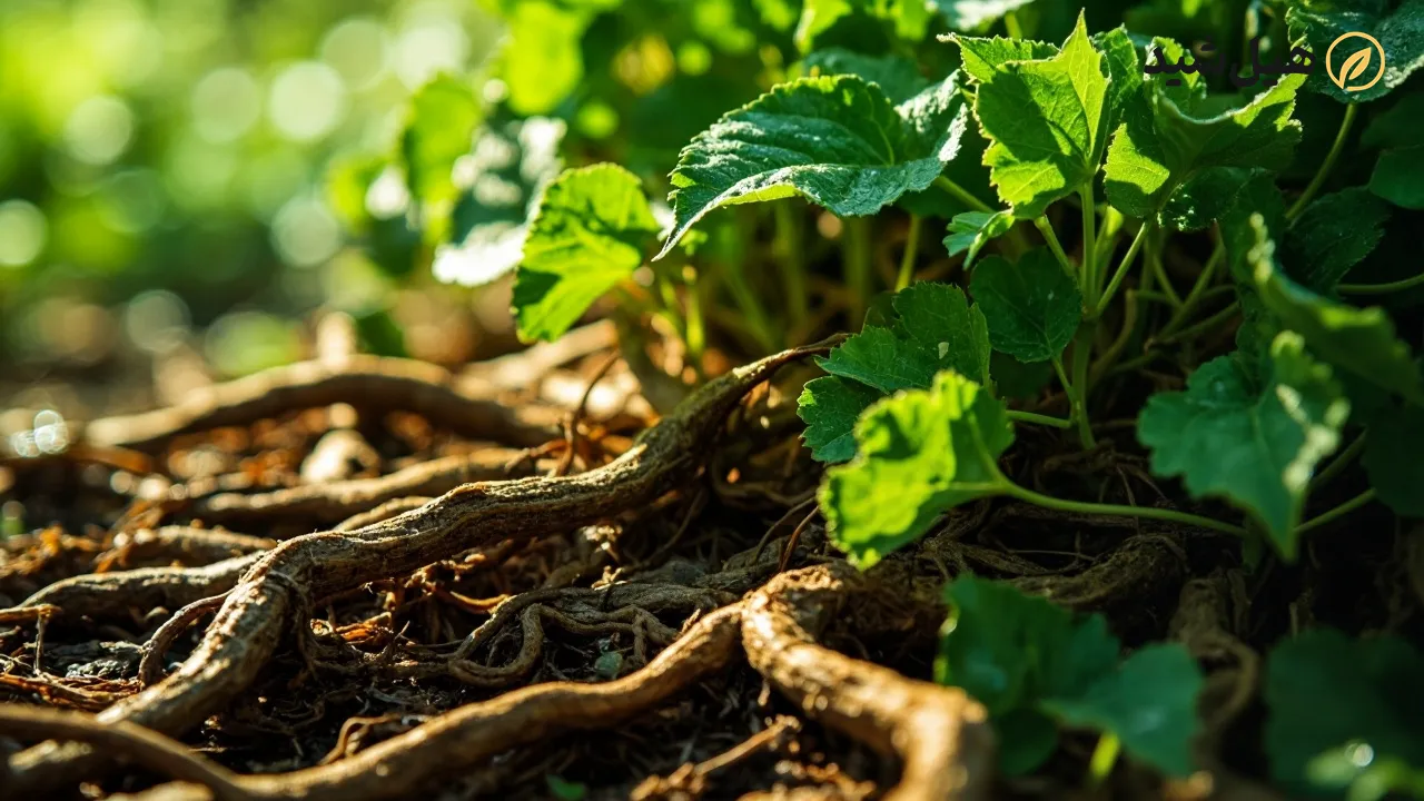 ریشه شیرین بیان قهوه‌ای رنگ با برگ‌های سبز