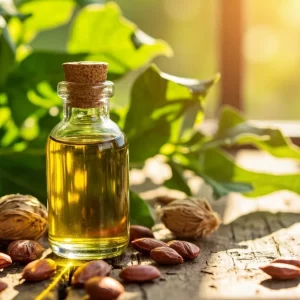 بطری روغن کرچک طبیعی و دانه‌های گیاه کرچک