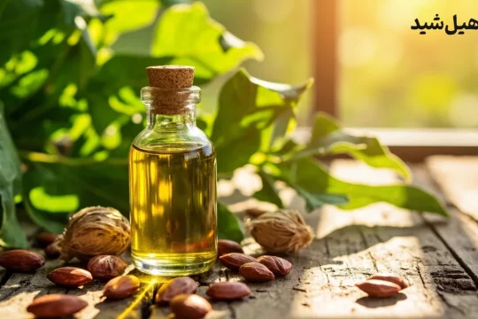 بطری روغن کرچک طبیعی و دانه‌های گیاه کرچک