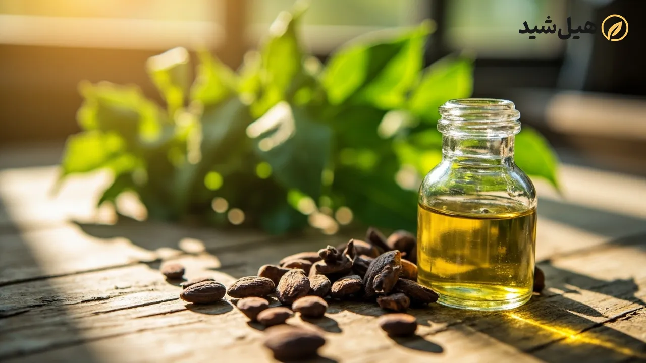 بطری روغن کرچک طبیعی و دانه‌های گیاه کرچک