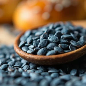 دانه خشخاش روی قاشق چوبی، منبع غنی کلسیم و فیبر