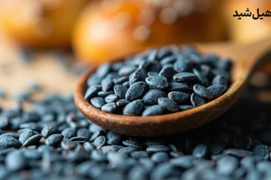 دانه خشخاش روی قاشق چوبی، منبع غنی کلسیم و فیبر