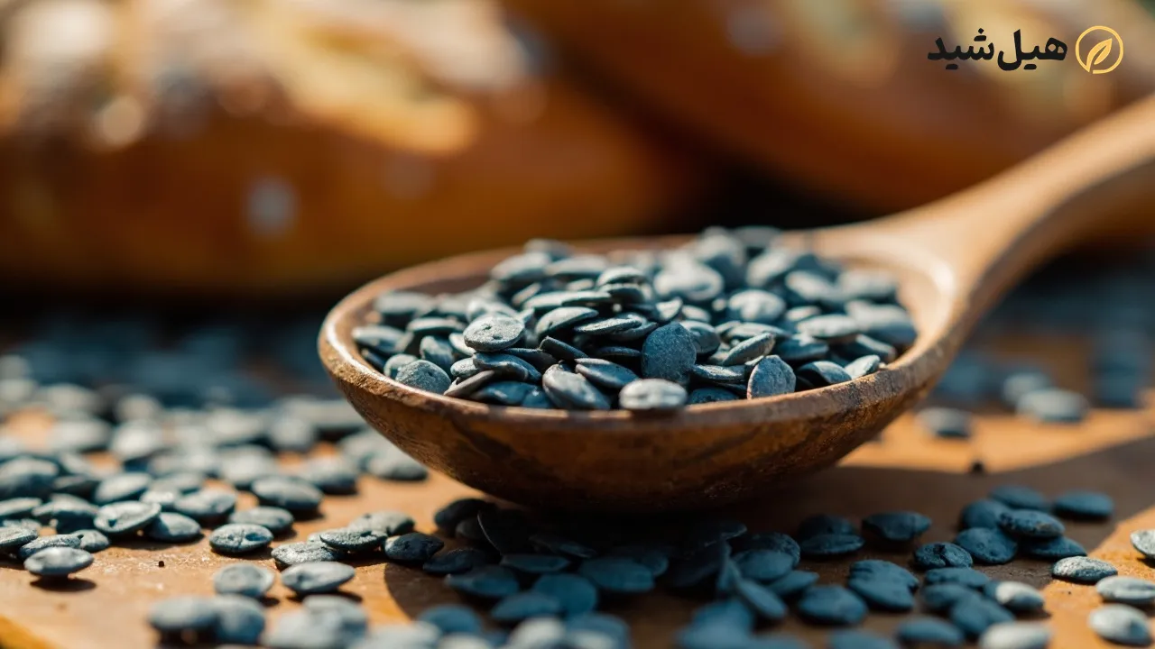 دانه‌های خشخاش روی قاشق چوبی و نان، سرشار از مواد مغذی