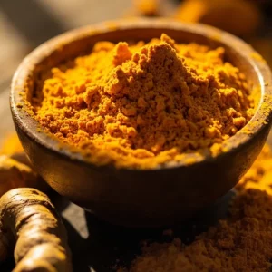 پودر زردچوبه و ریشه تازه زردچوبه روی تخته چوبی