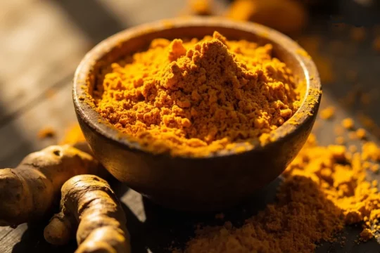 پودر زردچوبه و ریشه تازه زردچوبه روی تخته چوبی