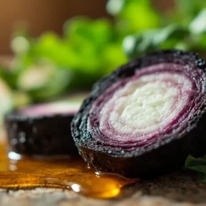 ترب سیاه تازه برش خورده با عسل و برگ‌های سبز