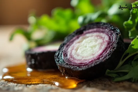 ترب سیاه تازه برش خورده با عسل و برگ‌های سبز