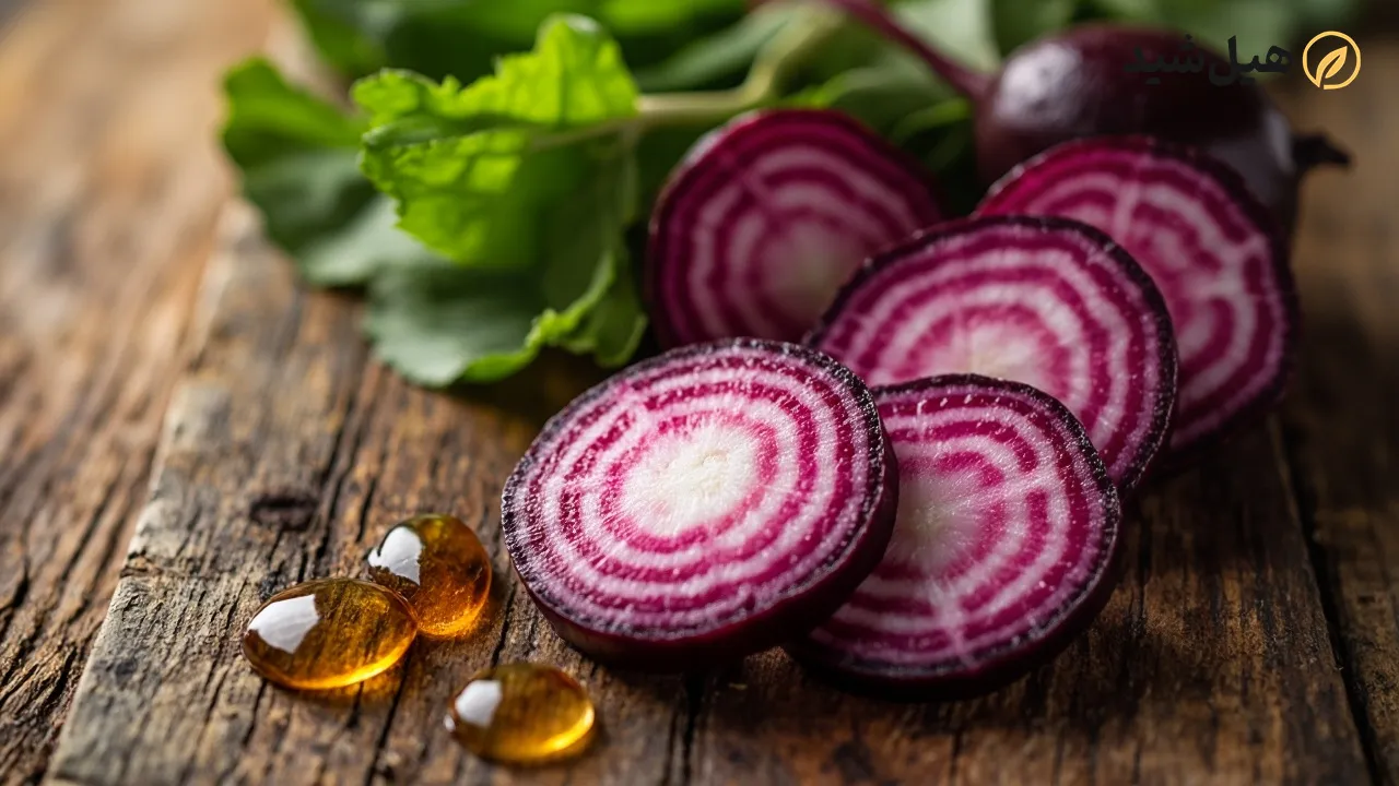 ترب سیاه تازه برش خورده با عسل و برگ‌های سبز