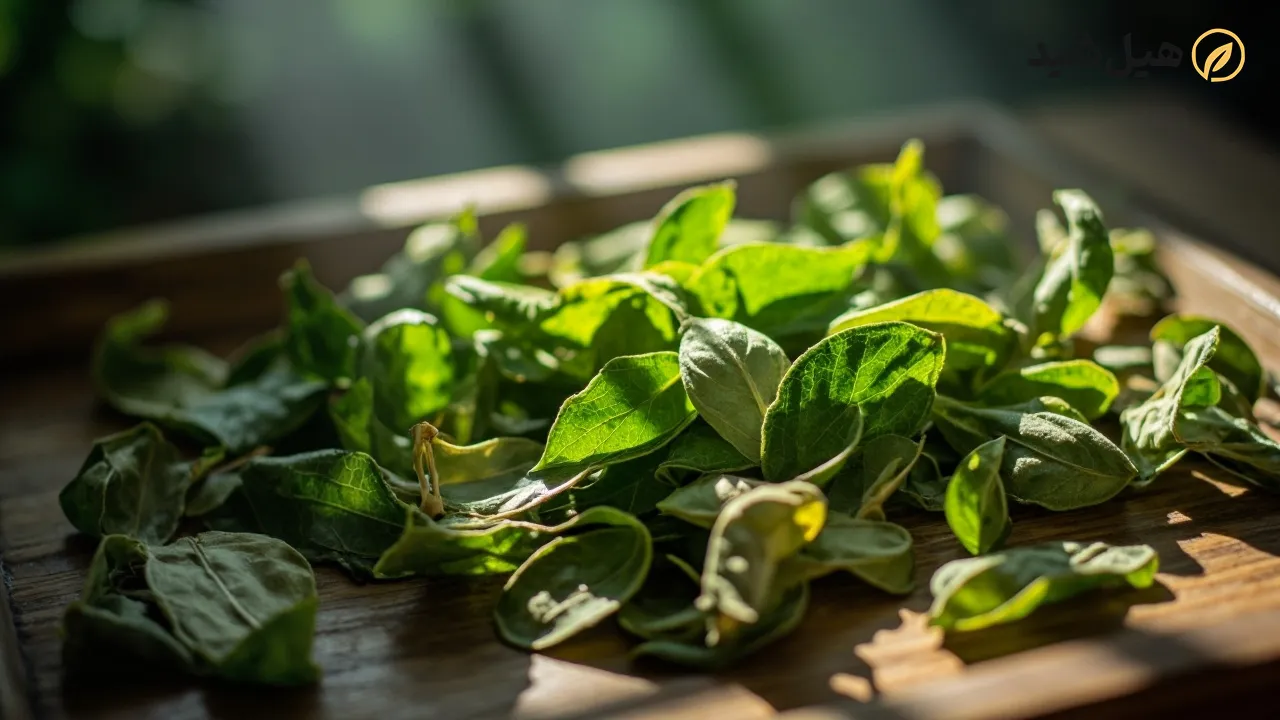 برگ‌های چای سبز خشک و آماده آسیاب شدن برای ماچا