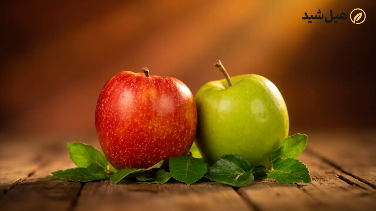 سیب قرمز و سبز تازه با برگ‌های سبز، نماد سلامت و تغذیه سالم
