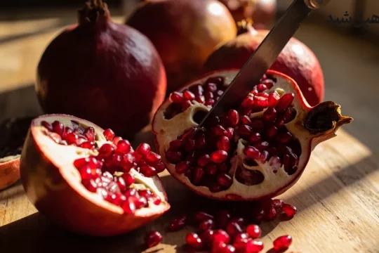 انار تازه و برش‌خورده با دانه‌های قرمز براق و آبدار
