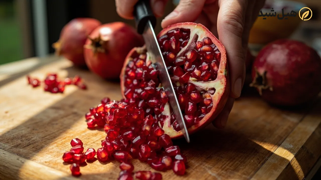 انار تازه و برش‌خورده با دانه‌های قرمز براق و آبدار