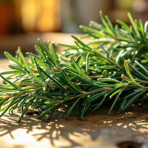 شاخه‌های تازه رزماری روی میز چوبی، نمادی از سلامتی و تغذیه