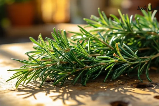 شاخه‌های تازه رزماری روی میز چوبی، نمادی از سلامتی و تغذیه