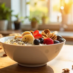 کاسه اوتمیل سالم و مقوی با میوه و مغز برای صبحانه