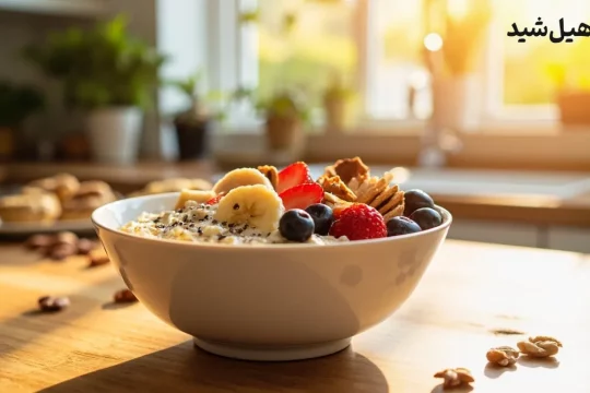 کاسه اوتمیل سالم و مقوی با میوه و مغز برای صبحانه