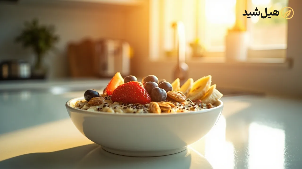 کاسه اوتمیل سالم و مقوی با میوه و مغز برای صبحانه