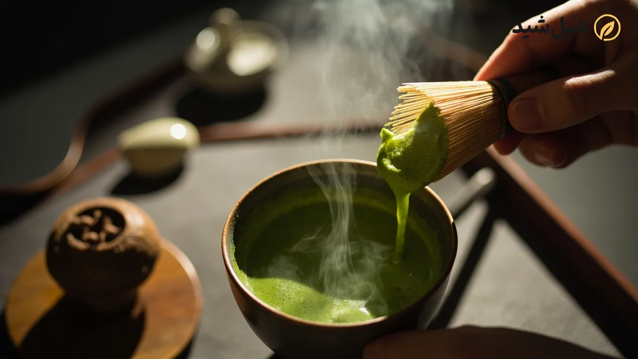 طرز تهیه چای ماچا با همزن بامبو و کاسه سنتی