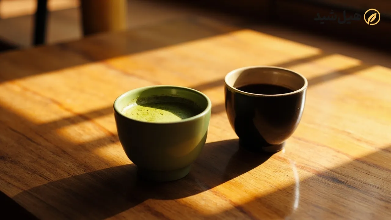 مقایسه چای ماچا و قهوه در دو فنجان کنار هم