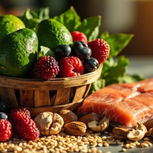 مواد غذایی طبیعی برای کاهش چربی خون بالا شامل آووکادو، ماهی، آجیل و توت‌ها