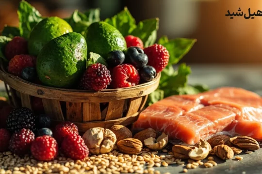 مواد غذایی طبیعی برای کاهش چربی خون بالا شامل آووکادو، ماهی، آجیل و توت‌ها