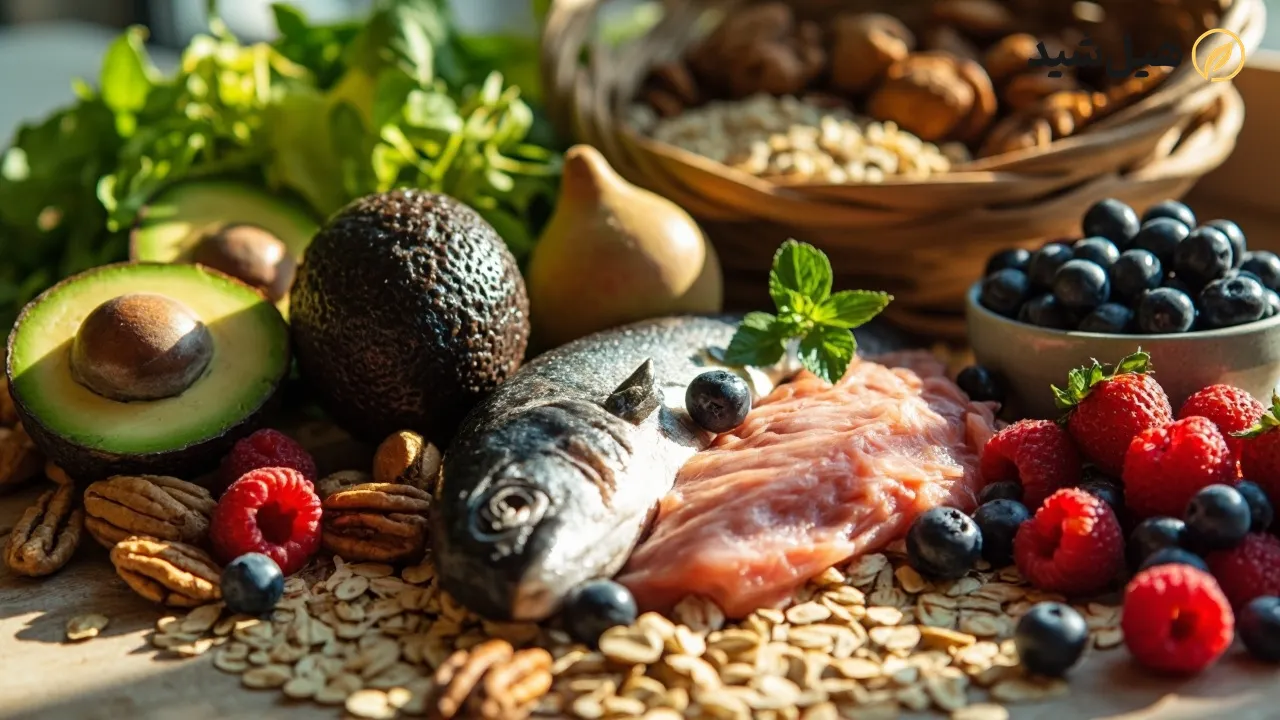 مواد غذایی طبیعی برای کاهش چربی خون بالا شامل آووکادو، ماهی، آجیل و توت‌ها