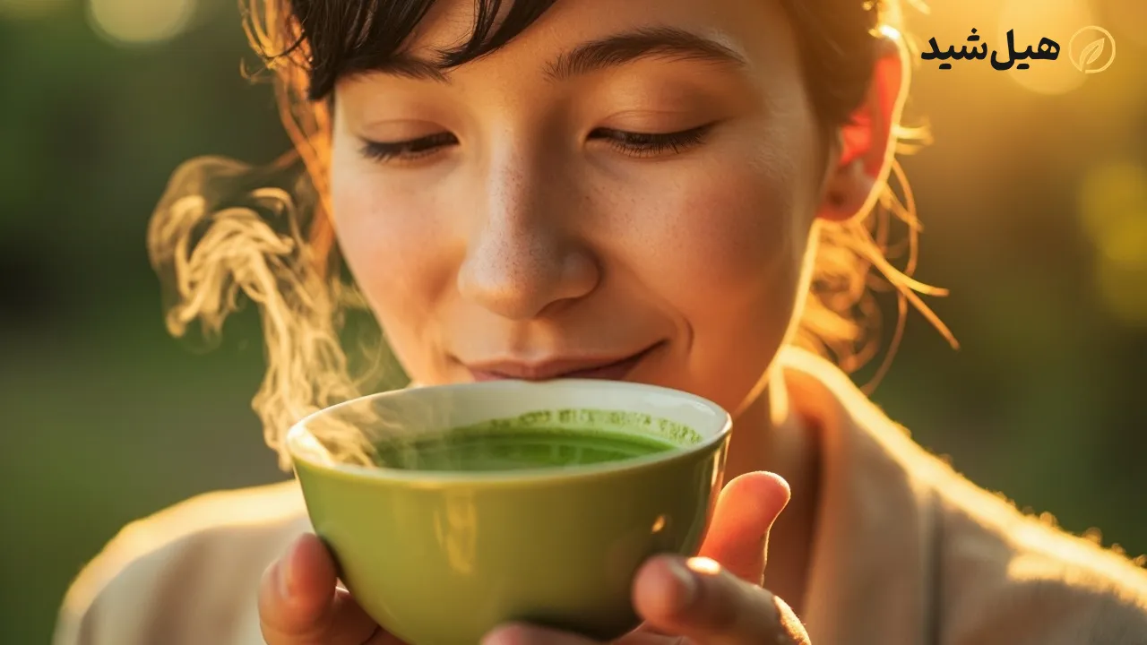 شخصی در حال نوشیدن چای ماچا با آرامش و انرژی