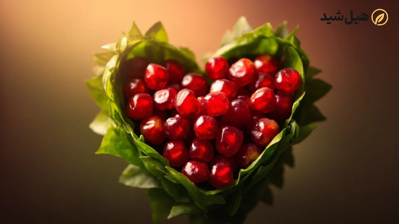 دانه‌های انار درخشان درون طرح قلب سبز، نمادی از سلامت