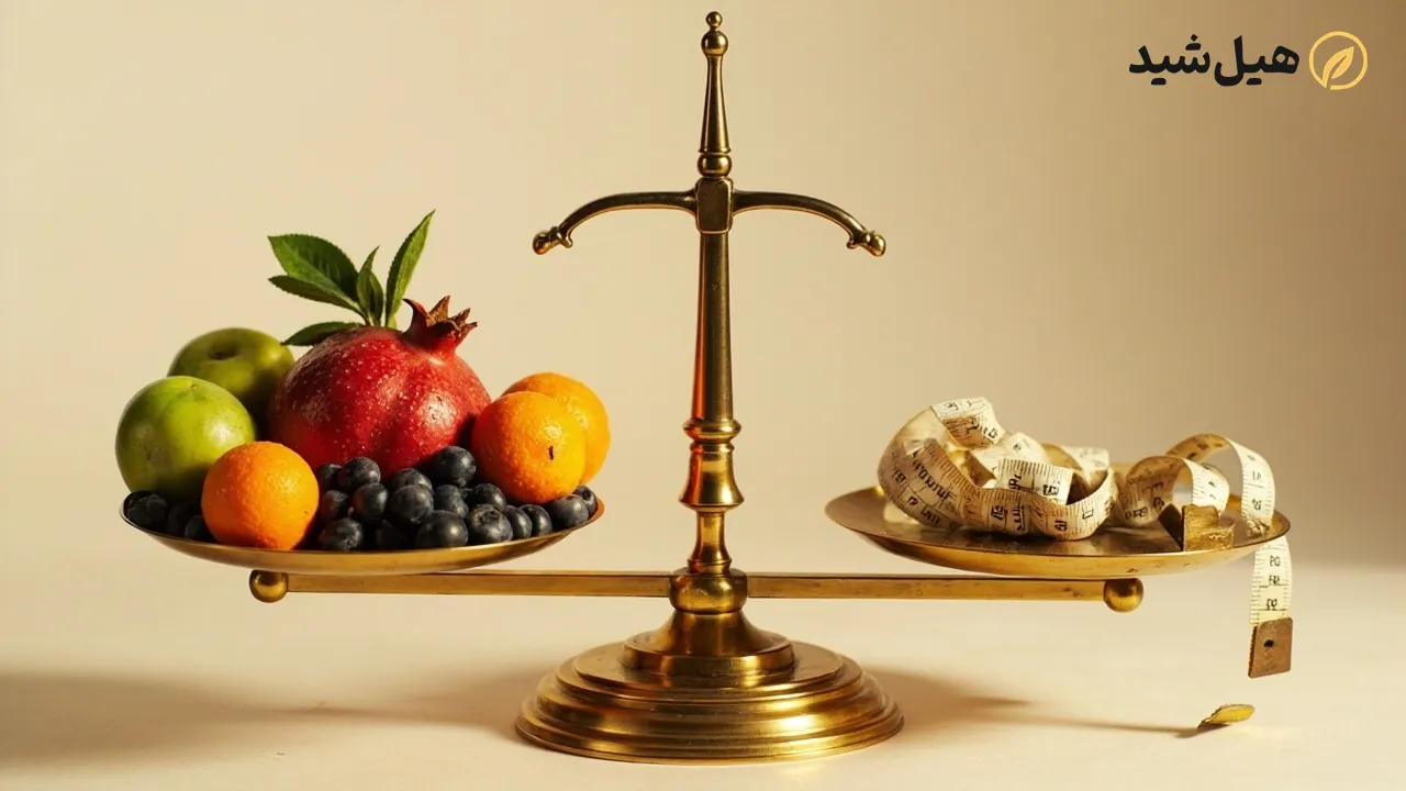 انار و میوه‌های تازه روی ترازو، نماد تناسب اندام