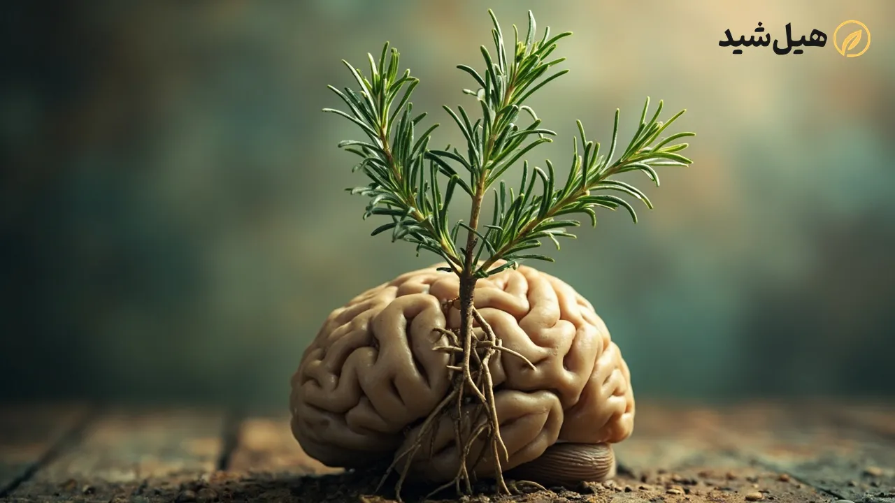 تصویر مفهومی رزماری و تقویت حافظه، پیوند گیاه و ذهن