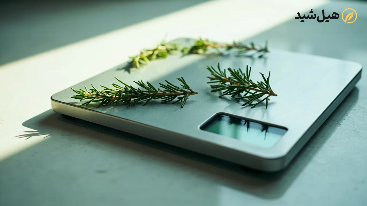 ترازو با برگ‌های رزماری، نشان‌دهنده مصرف محتاطانه و دقیق