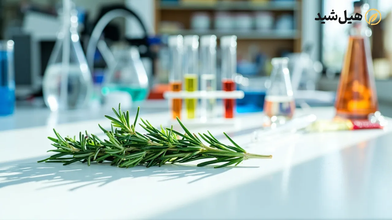 رزماری تازه روی میز آزمایشگاهی، نماد مطالعات علمی گیاهان دارویی