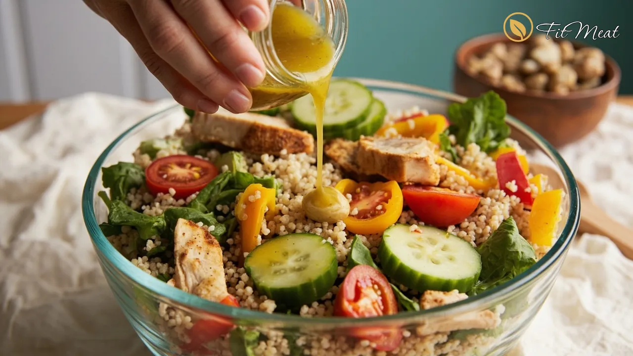 سالاد کینوا رنگارنگ و سالم با سبزیجات تازه و پروتئین، نمادی از غذای رژیمی و مغذی.