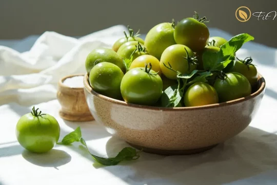 کاسه گوجه سبز تازه، سالم و شسته شده روی سفره