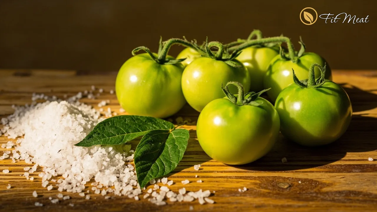 چیدمان گوجه سبز و نمک روی تخته چوبی