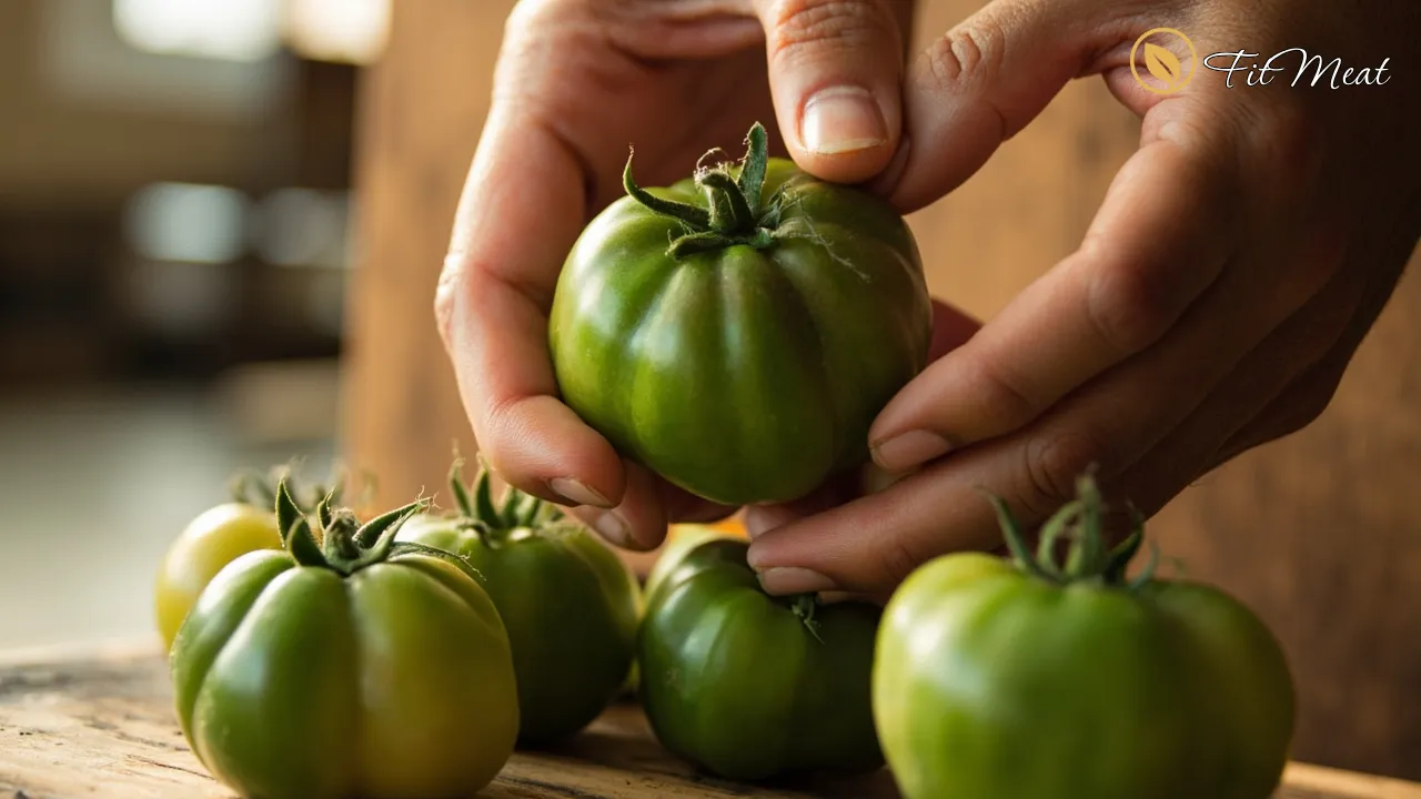 دست در حال انتخاب گوجه سبز با دقت