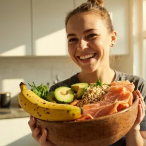 زن شاداب با مواد غذایی سرشار از ویتامین B6 برای سلامتی و انرژی