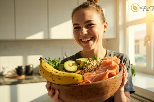 زن شاداب با مواد غذایی سرشار از ویتامین B6 برای سلامتی و انرژی