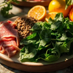 بشقاب غذای سرشار از آهن شامل اسفناج، گوشت قرمز، عدس و پرتقال