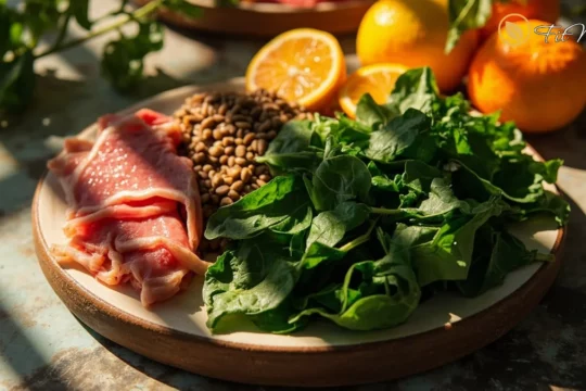 بشقاب غذای سرشار از آهن شامل اسفناج، گوشت قرمز، عدس و پرتقال