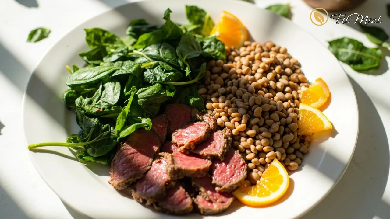 بشقاب غذای سرشار از آهن شامل اسفناج، گوشت قرمز، عدس و پرتقال