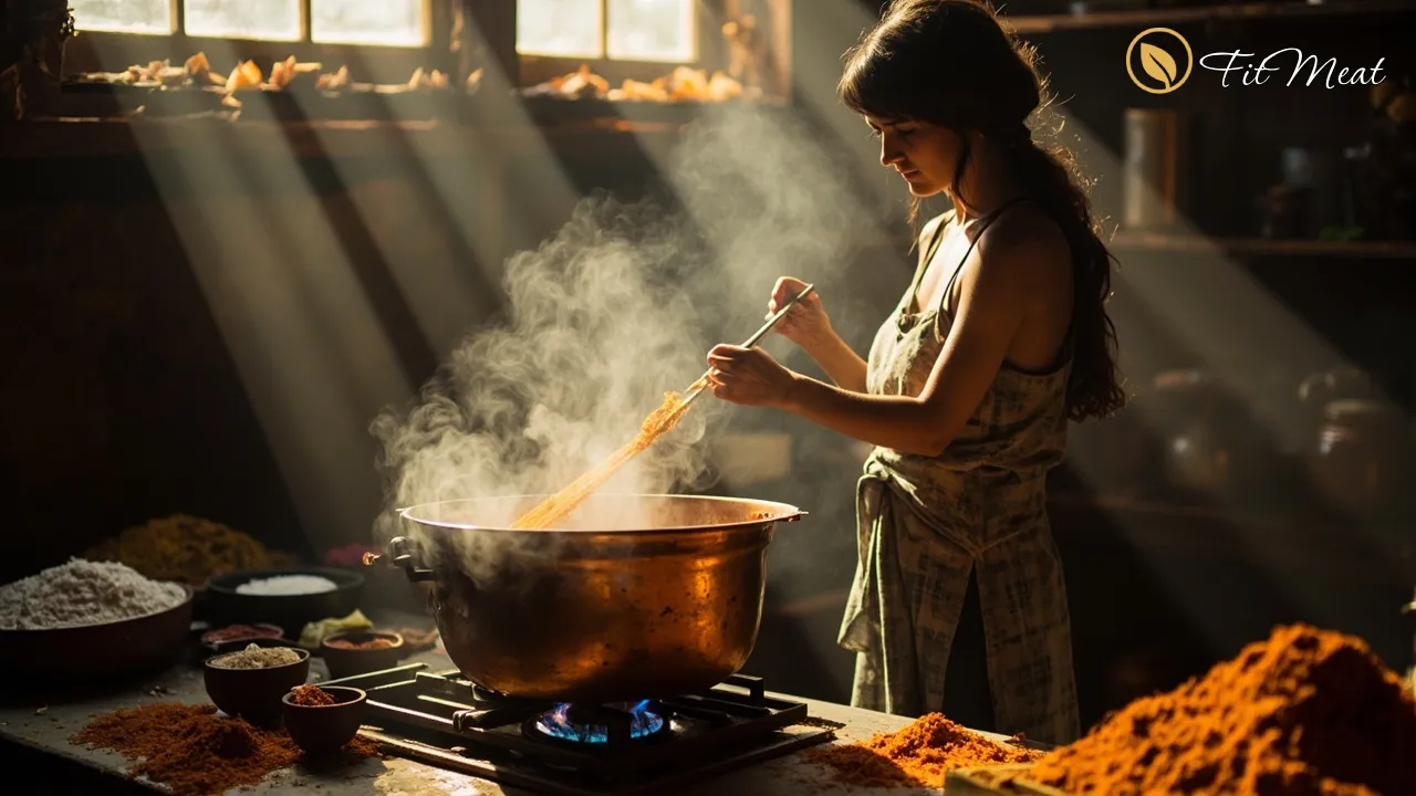 مراحل پخت کاچی سنتی با آرد و زعفران در قابلمه روی اجاق گاز