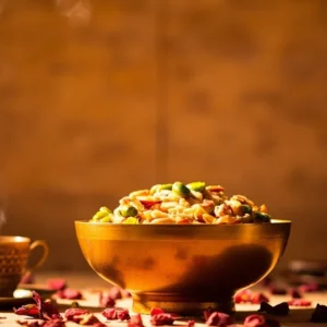 کاسه کاچی زعفرانی خوشمزه و مقوی با تزیین مغزیجات برای تقویت قوای بدن و زائو