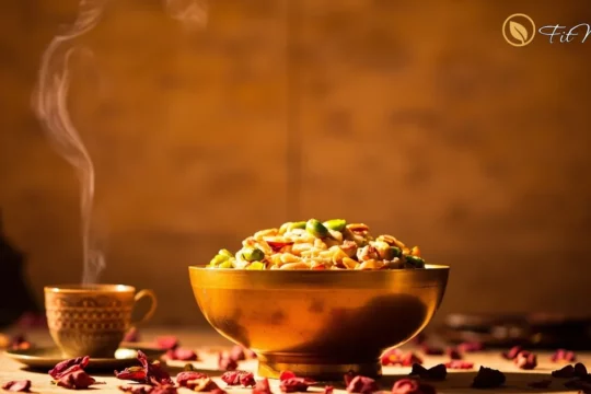 کاسه کاچی زعفرانی خوشمزه و مقوی با تزیین مغزیجات برای تقویت قوای بدن و زائو