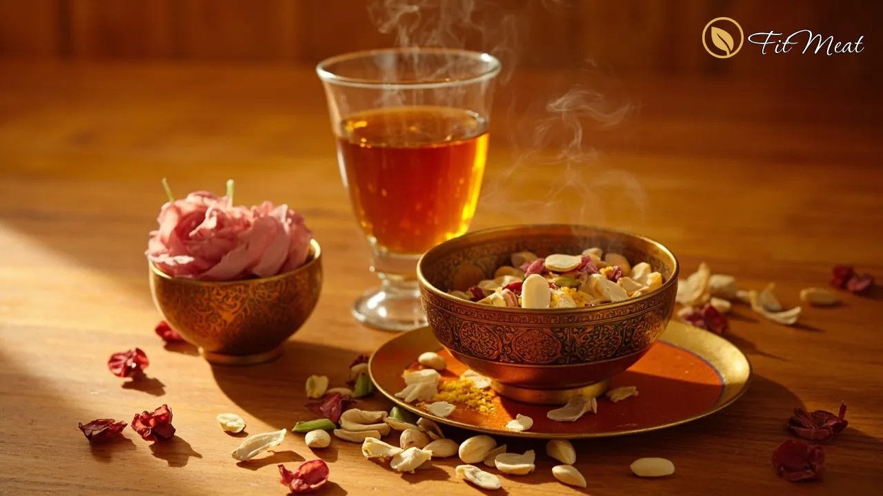 کاسه کاچی زعفرانی خوشمزه و مقوی با تزیین مغزیجات برای تقویت قوای بدن و زائو