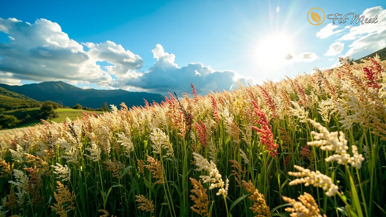 مزرعه کینوا با دانه‌های رنگارنگ آماده برداشت، نمادی از ریشه‌های باستانی و پایداری این گیاه مغذی.