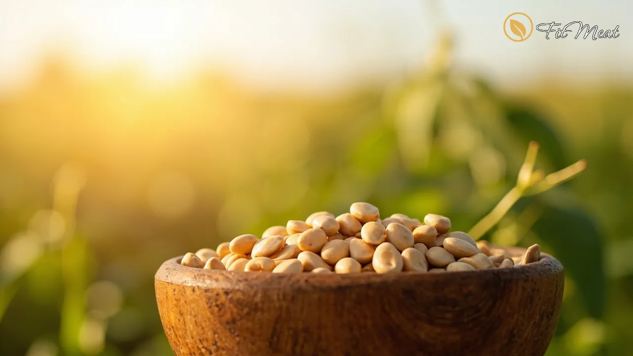 دانه‌های خام سویا در کاسه چوبی، گیاه سویا در مزرعه